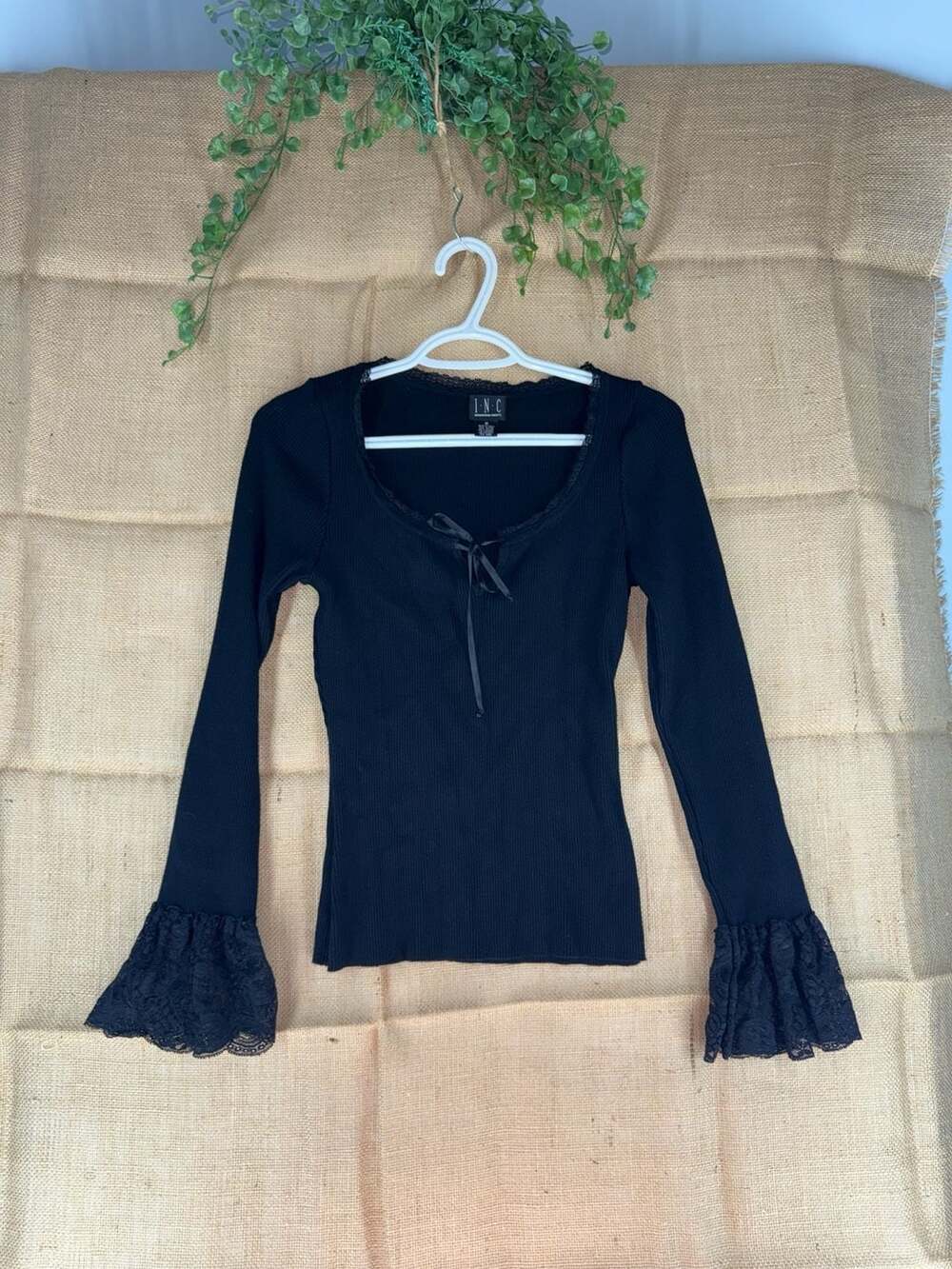 I.N.C Vintage Y2K Ribbed Knit Lace Trim Bell Sleeve Top with Ribbon Tie